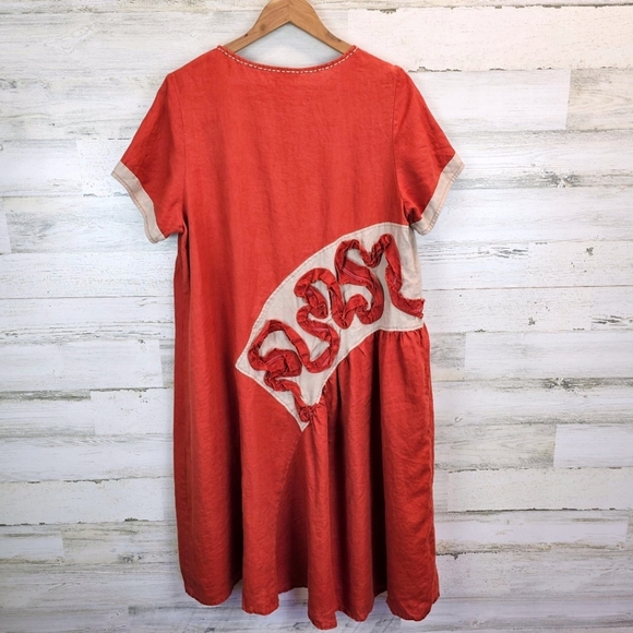 Peacock Ways Linen Lagenlook Casual Dress Sz Large Orange Artsy Folksy Modest - Picture 3 of 14